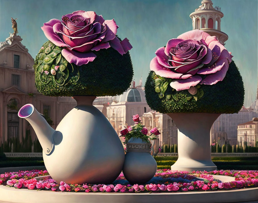 Oversized roses and classical vases in a floral setting with grand building.