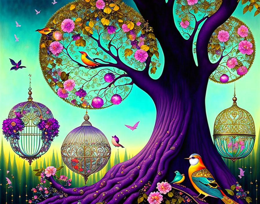 Colorful whimsical tree with birds and birdcages against teal sky