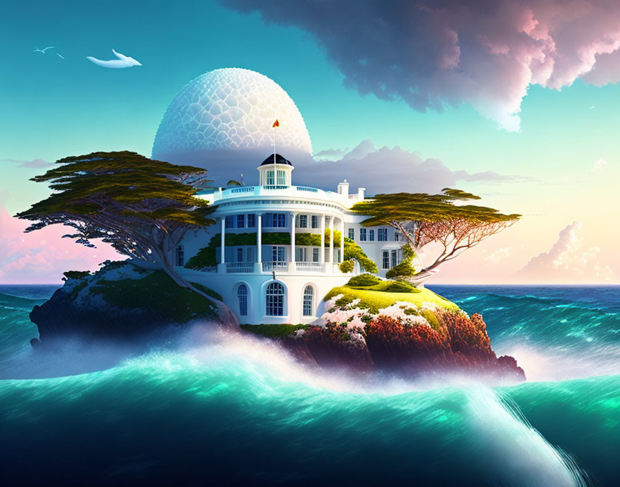 Digital artwork of grand white house on island with dome and bird