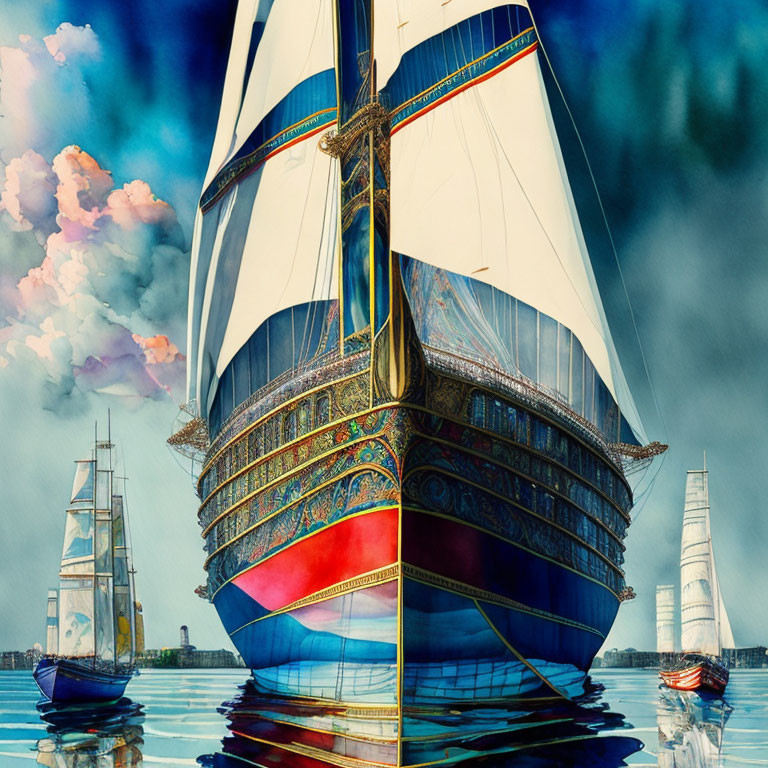 Vibrant ornate sailing ship on calm waters with ships and colorful clouds.