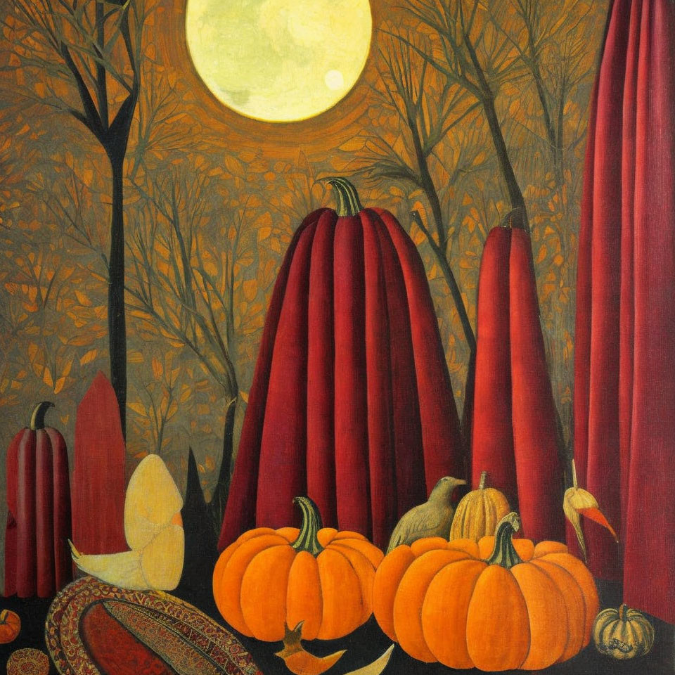 Surreal painting of red-robed figures among pumpkins under a yellow moon