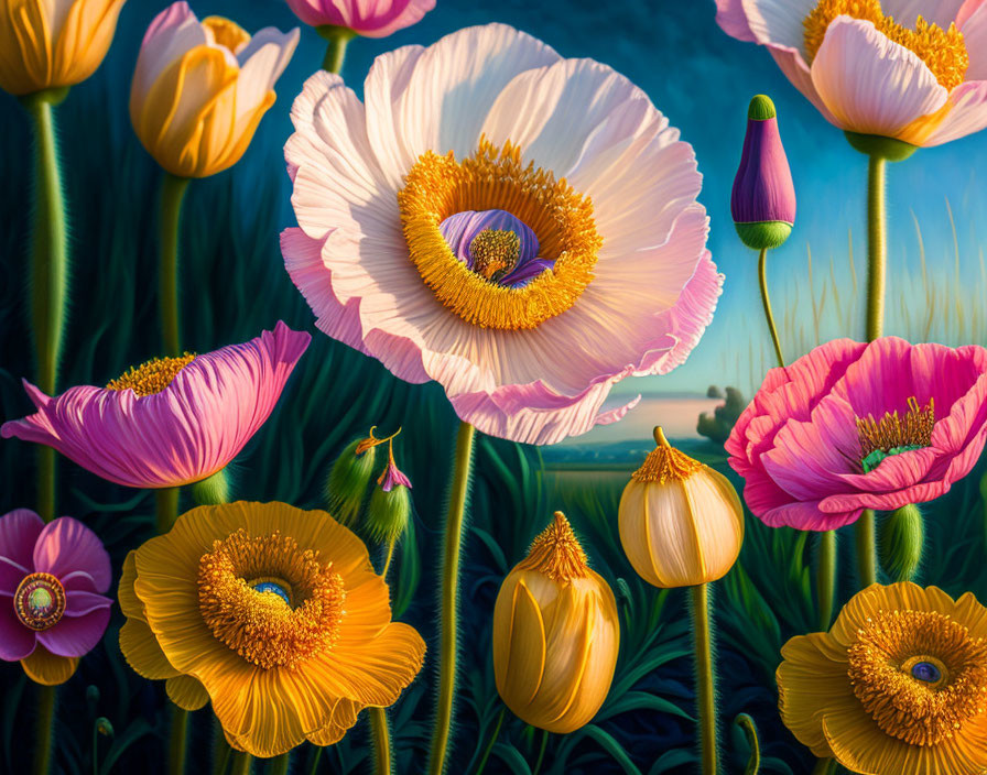 Colorful flowers in various stages of bloom with white and pink poppies under a twilight sky.