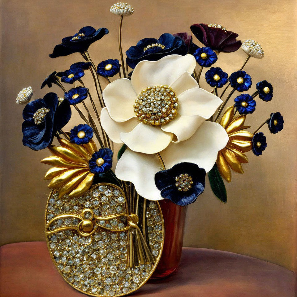 Colorful Flower Arrangement Painting with White, Blue, and Gold Elements