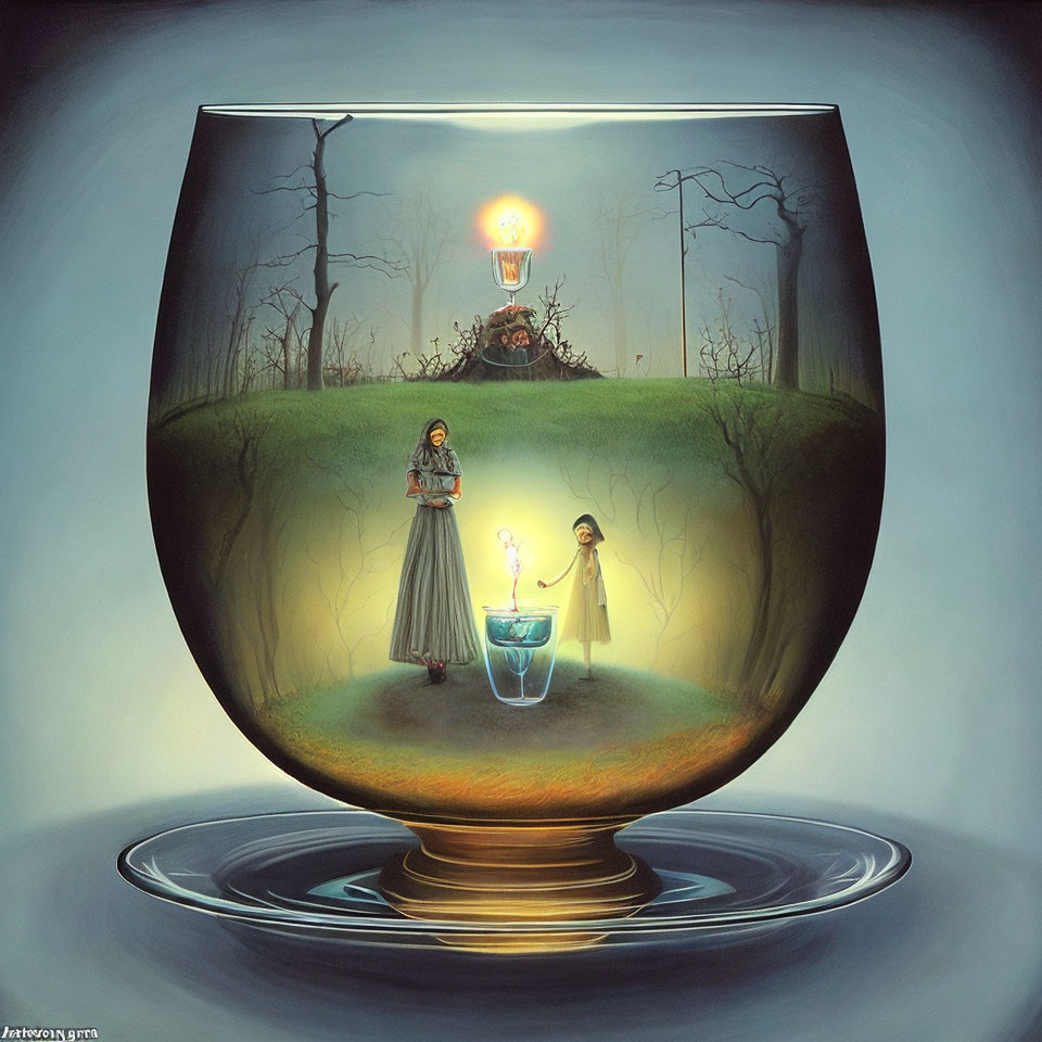 Surreal painting of woman and child in bowl with floating lamp