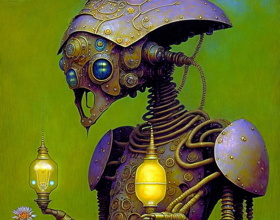 Intricate robot with decorative helmet and gears on green background holding lightbulb