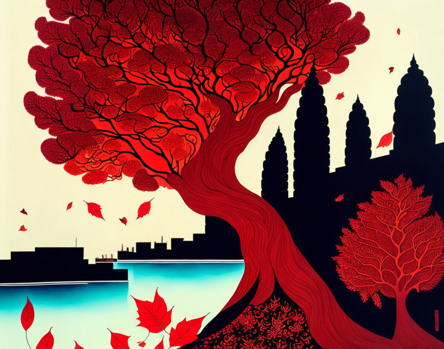 Large red tree illustration beside blue water with falling leaves.