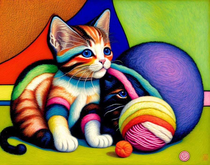 Vibrant striped fur kitten with yarn balls illustration