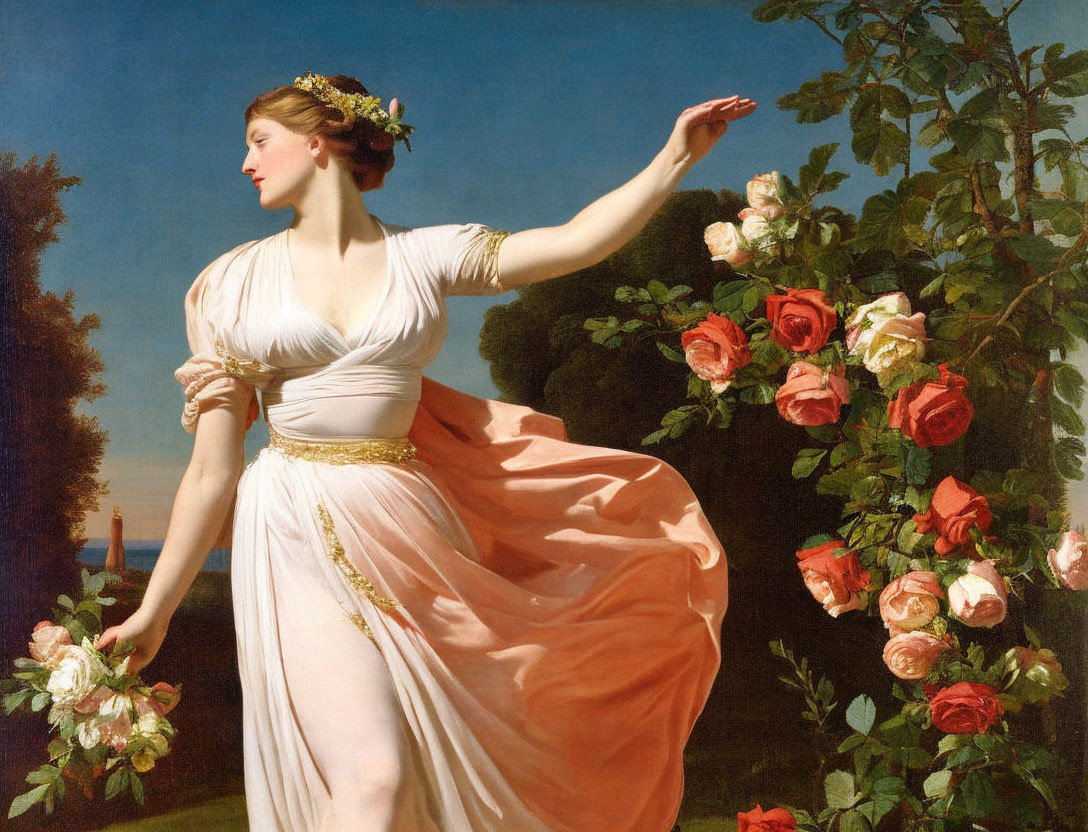 Classical painting of woman in white gown with roses under blue sky