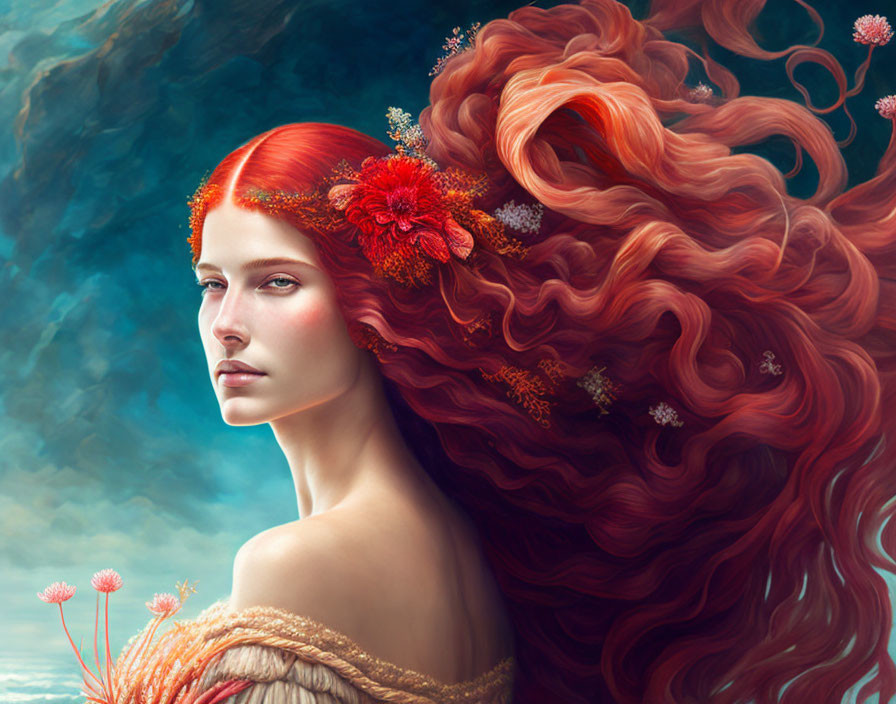 Red-haired woman with flowers in hair against cloudy sky