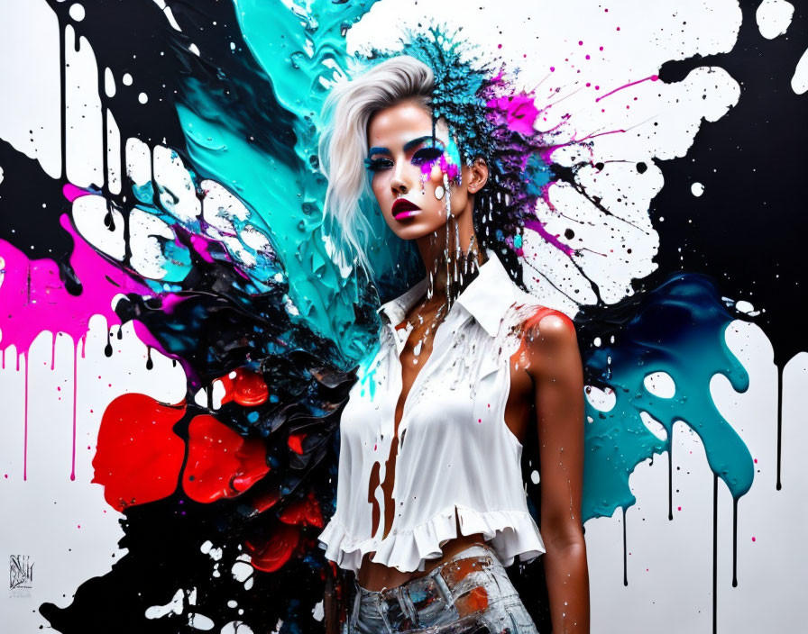 Colorful Paint Splatter Portrait of Woman on White Background