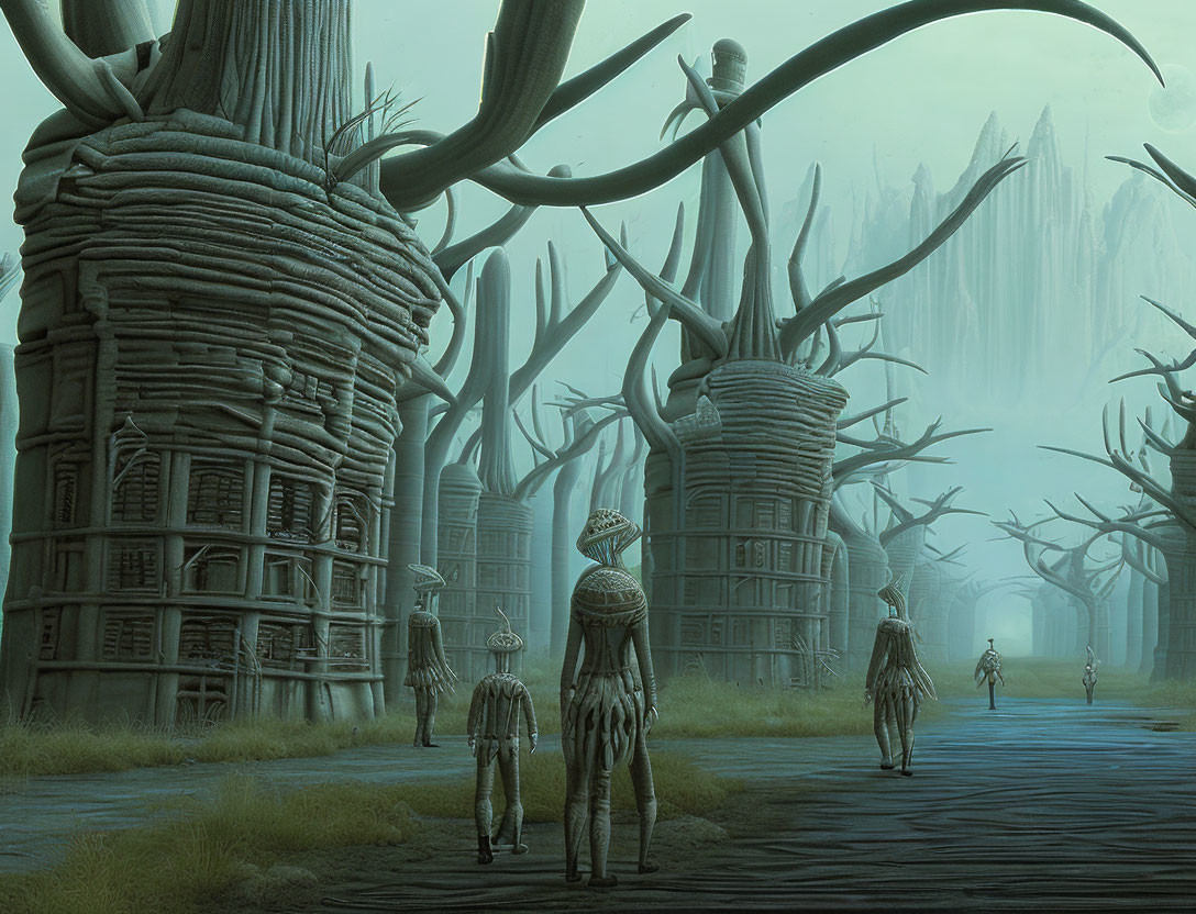 Ethereal village with towering wrapped-branch structures