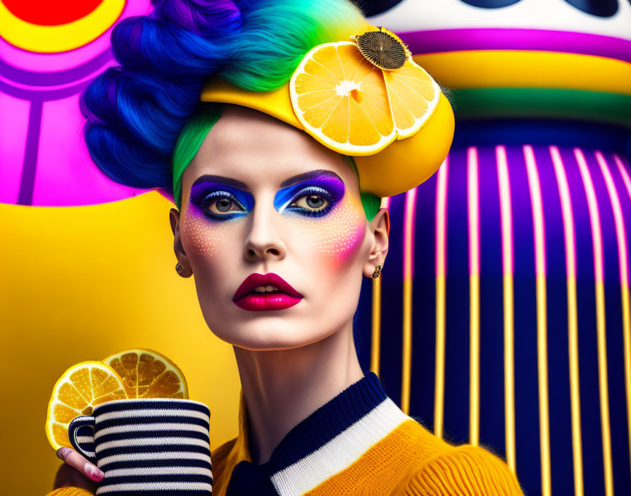 Colorful woman with rainbow hair and lemon cup on abstract background