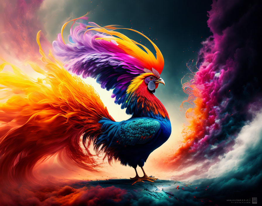 Colorful Rooster with Dramatic Sky and Swirling Clouds