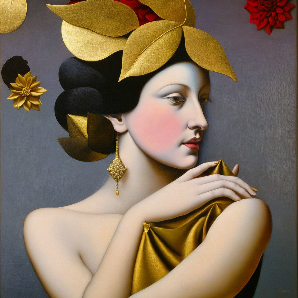 Stylized painting of woman in golden headpiece and dress, red flowers in background