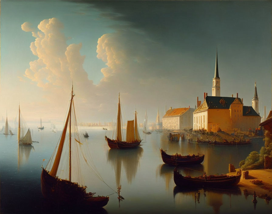 Tranquil harbor scene with sailing ships, church, and sunset sky