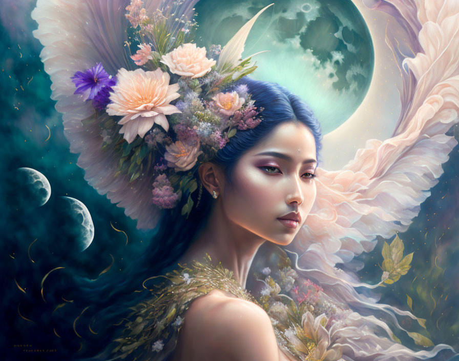 Ethereal portrait of a woman with flowers in celestial sky