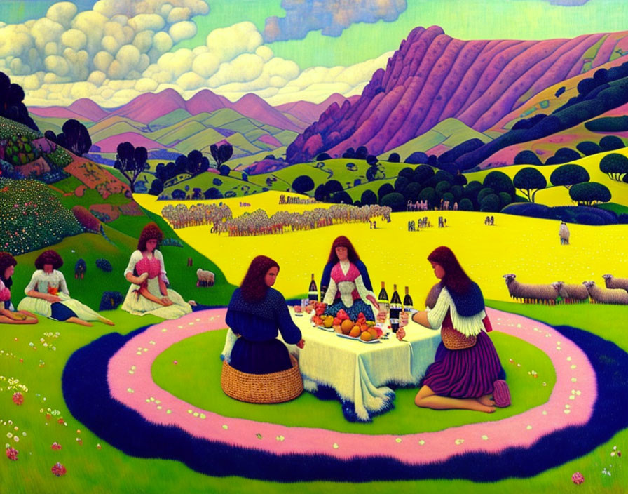 Colorful Picnic Scene in Vibrant Landscape