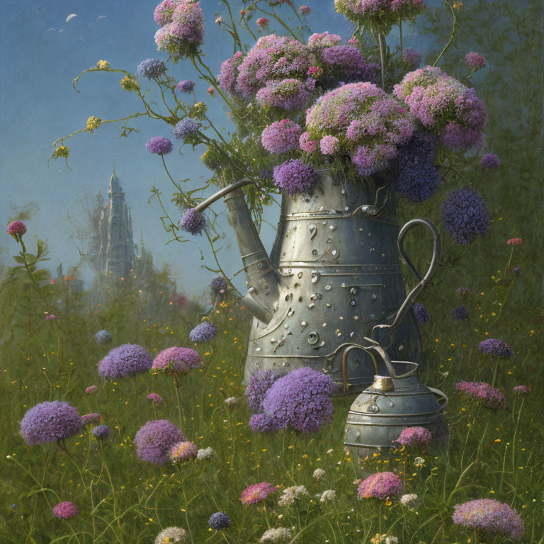 Vintage watering can with overflowing purple flowers and distant castle in misty backdrop