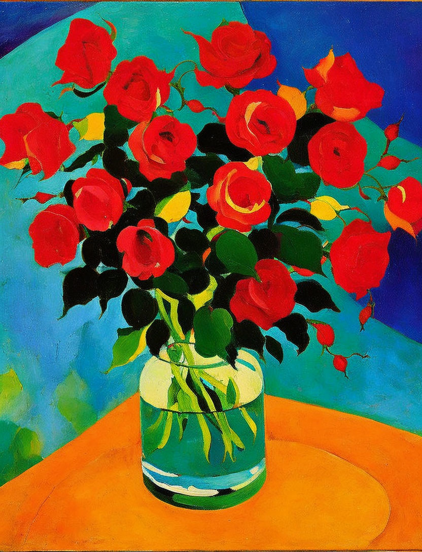 Colorful painting of red and yellow roses in clear vase on blue background.