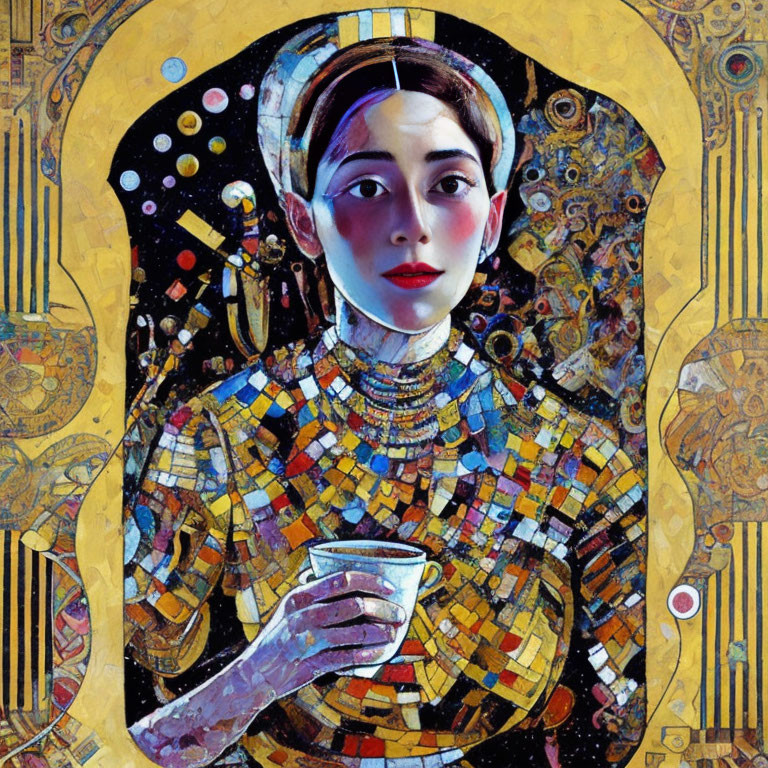 Stylized portrait of woman with red cheeks holding cup in Klimt-inspired artwork