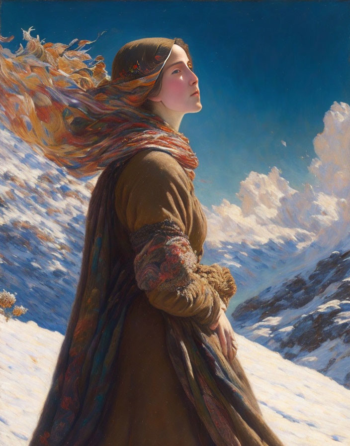 Traditional Attired Woman in Snowy Landscape with Colorful Scarf