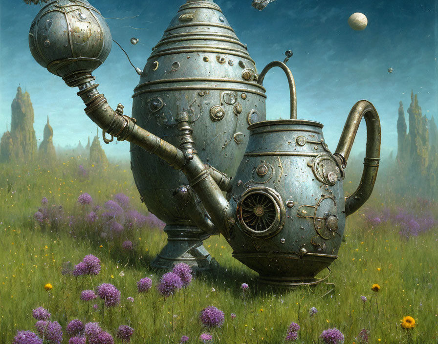 Whimsical teapot-shaped robot in violet flower field under blue sky