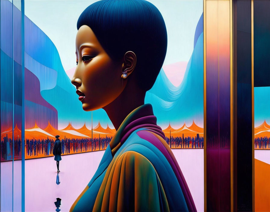 Colorful abstract profile of a woman with sleek hair in vibrant setting