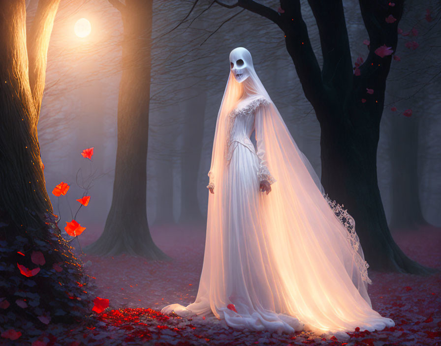 Bridal figure in skull mask in misty forest with falling leaves