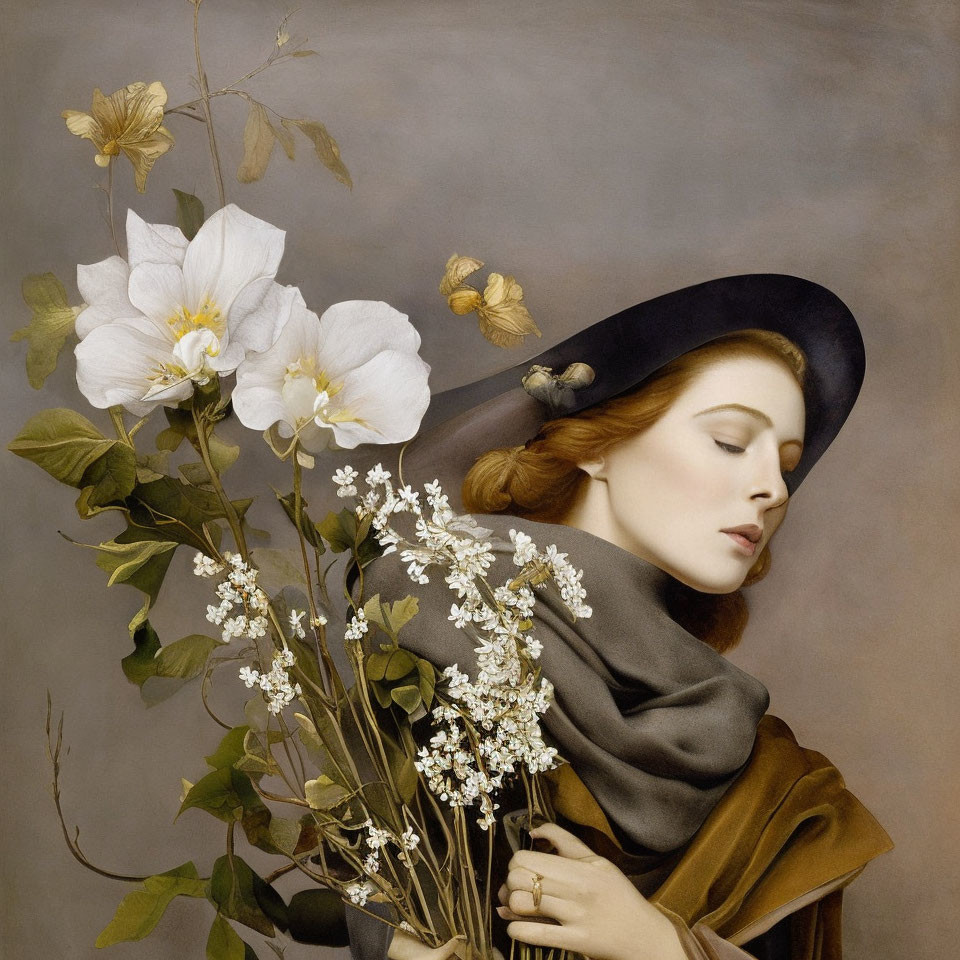 Woman in Brown Cloak and Black Hat Holding White Flowers with Butterfly