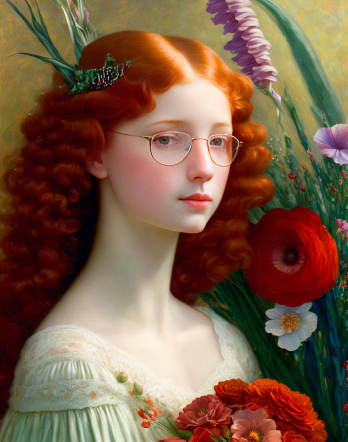 Portrait of woman with red hair, round glasses, and vibrant flowers