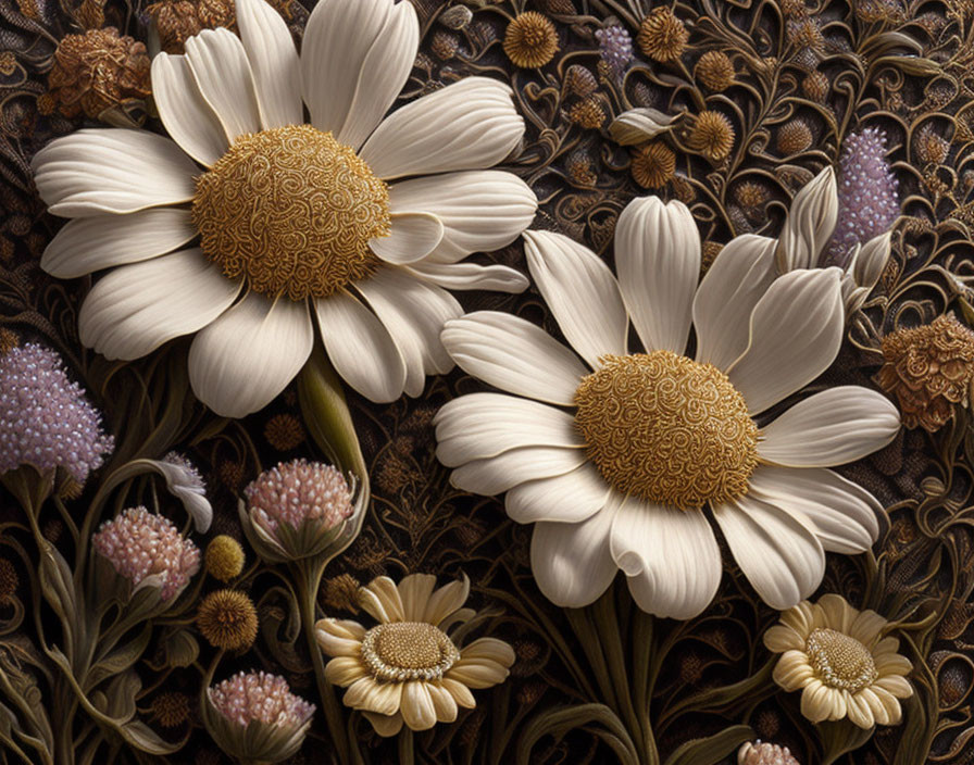 Detailed Floral Artwork: White Daisies with Golden Centers