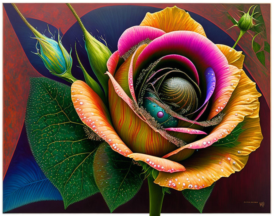 Colorful surreal painting: Multicolored rose with spiral patterns and water droplets on dark geometric background