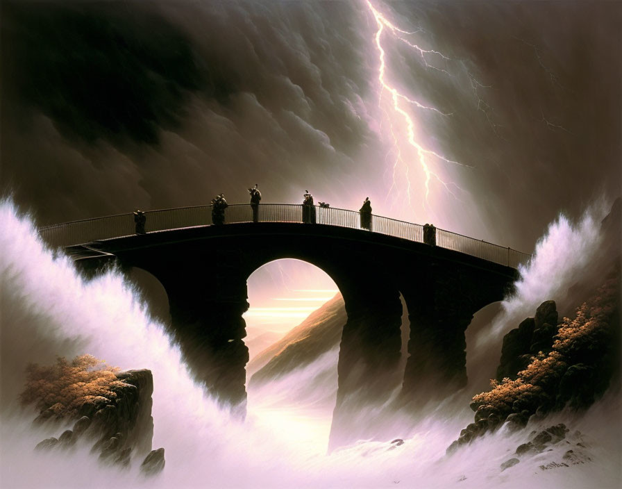 Old Arched Bridge Over Chasm in Stormy Sky with Lightning