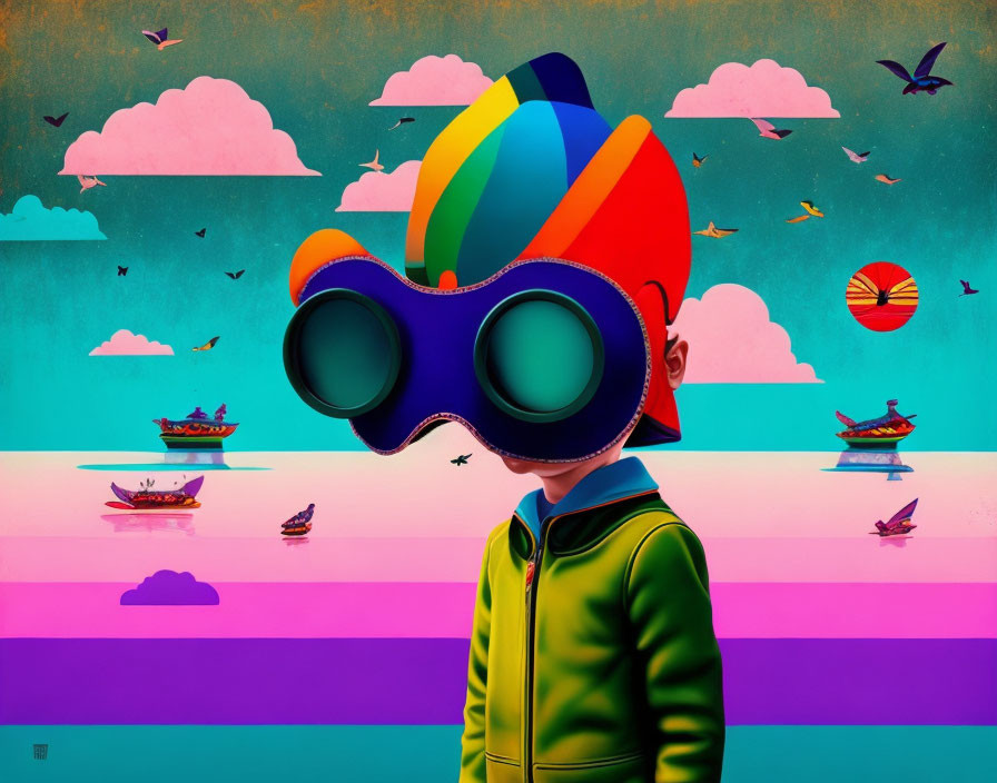 Colorful Child with Oversized Goggles and Hot-Air Balloon Head in Surreal Landscape