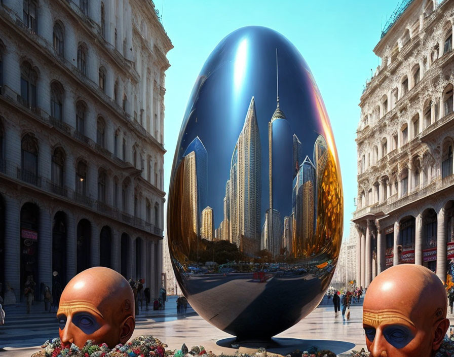 Shiny metallic egg sculpture reflects cityscape with surreal human head sculptures