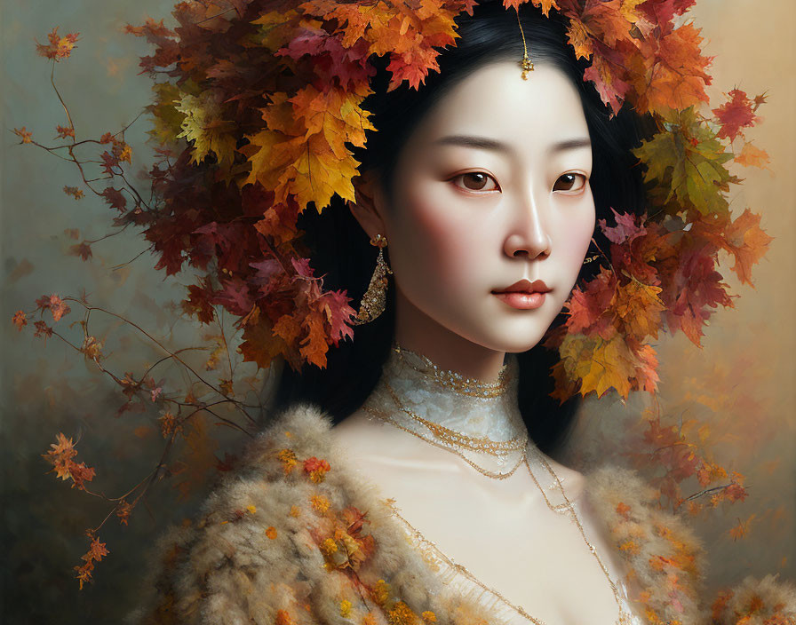 Woman portrait with autumn leaves headdress and fall-themed attire