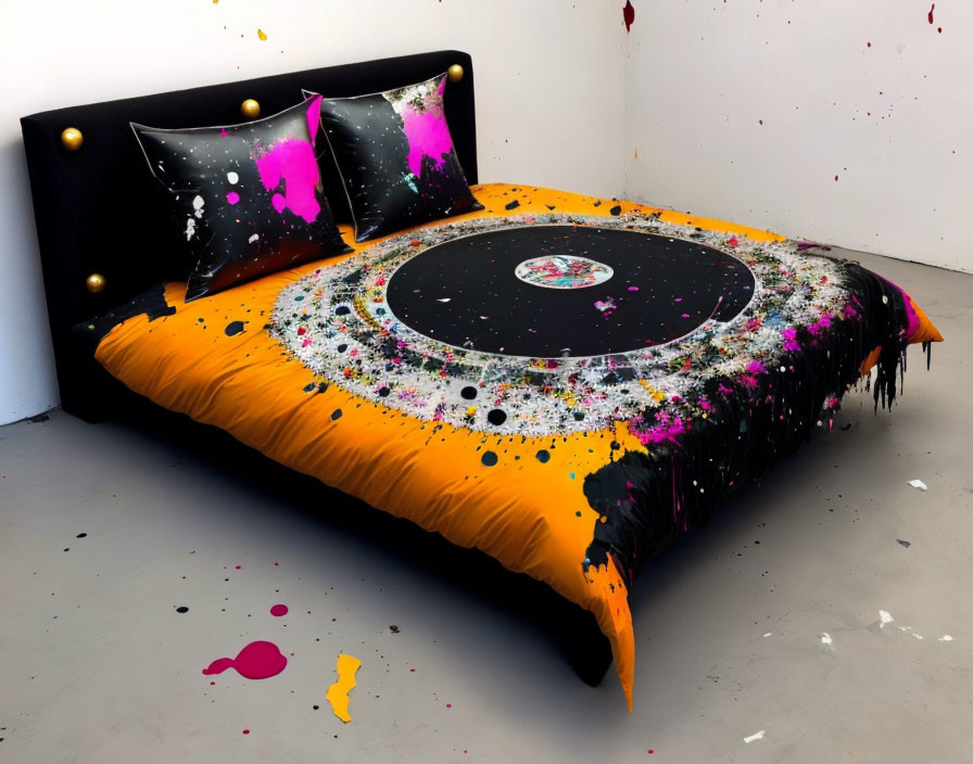 Colorful Bed with Black Headboard, Orange Comforter, Cosmic Bedding, and Paint Splashes