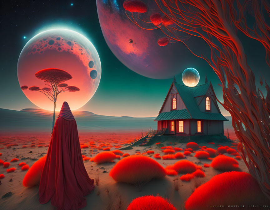 Surreal landscape with cloaked figure, house, moons, red vegetation, and sky