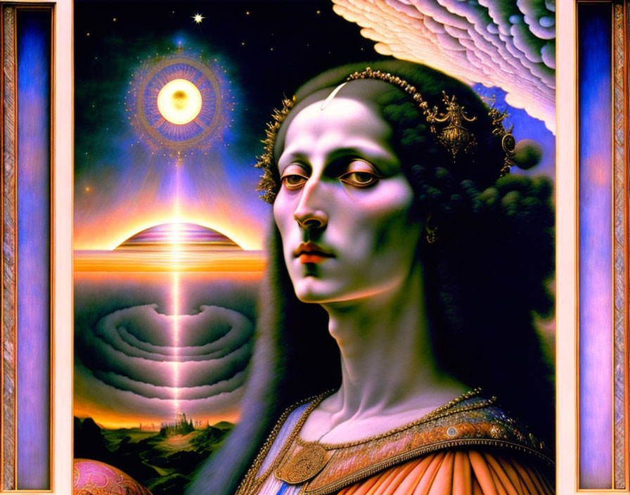 Surreal portrait of a woman with cosmic backdrop and face-like illusion