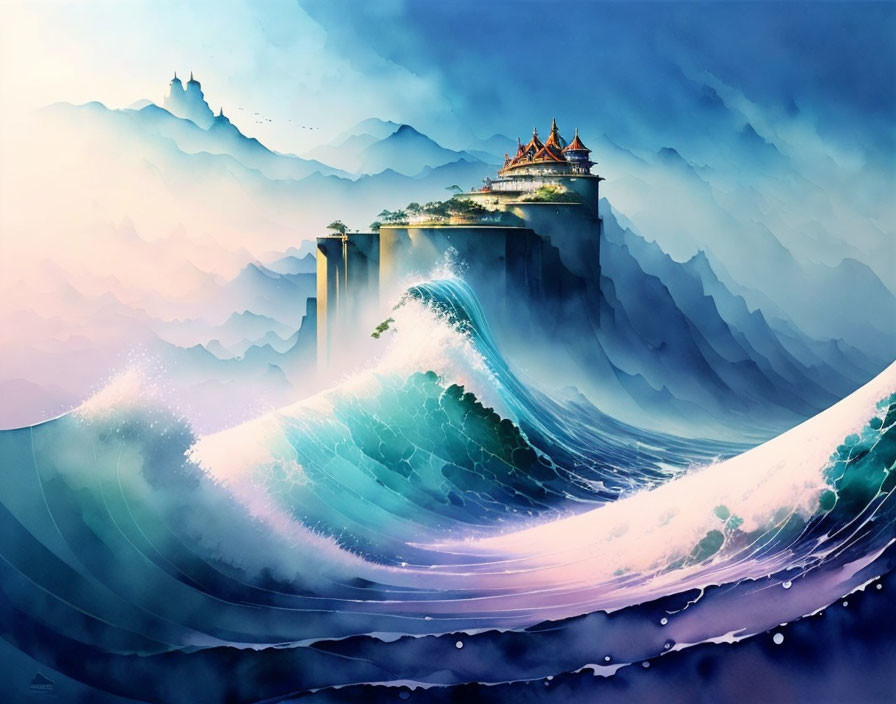 Mystical temple on cliff with ocean waves and mountains