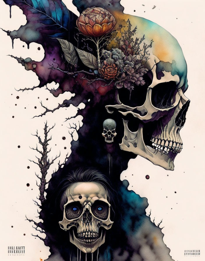 Gothic illustration: Large human skull, smaller skulls, floral elements, barren tree, colorful abstract