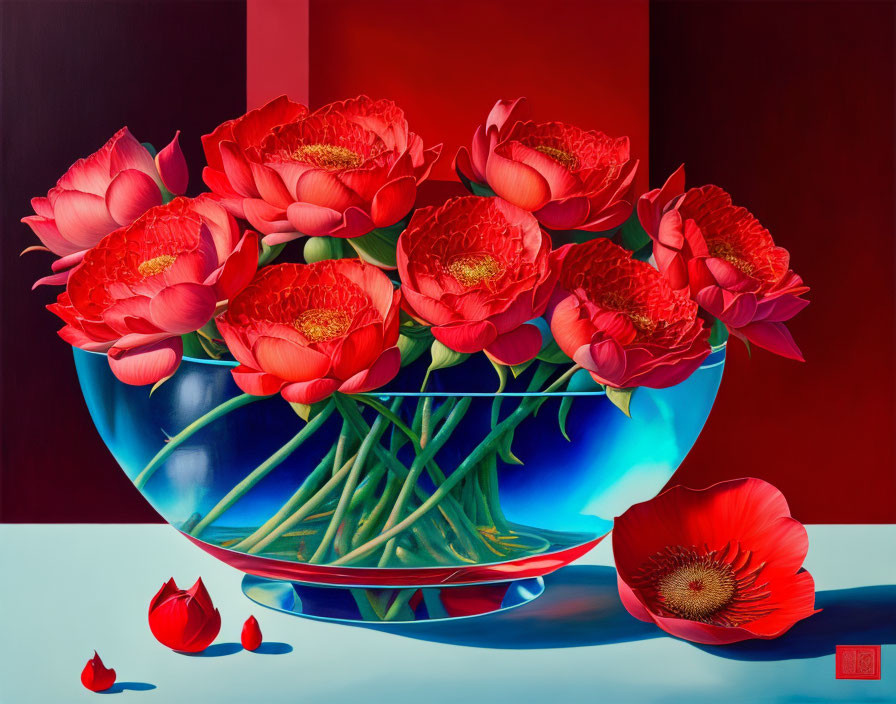 Realistic still life painting of red peonies in blue bowl