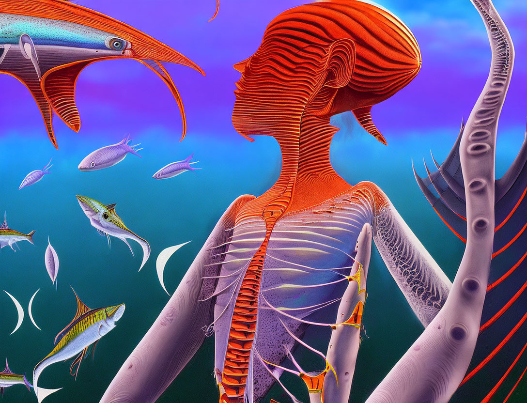 Surreal human figure with anatomical cross-section and flying fish in vibrant setting