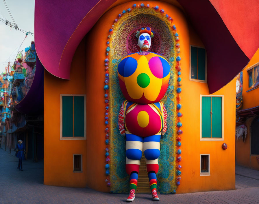 Colorful Whimsical Clown Sculpture by Vibrant Decorated Doorway