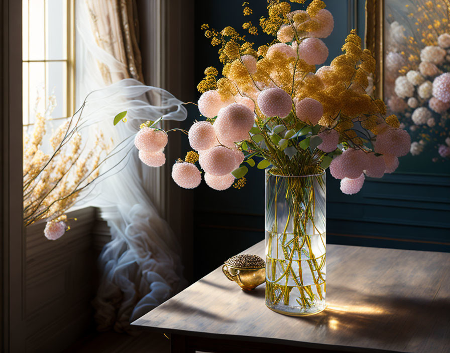 Pink and Yellow Flower Bouquet on Wooden Table with White Curtain and Sunlight