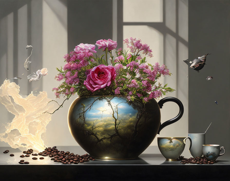 Pink flowers, flying bird, coffee beans, cup on table in still life scene.