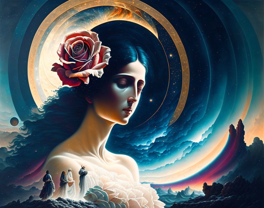 Surreal artwork of woman's profile with cosmic elements