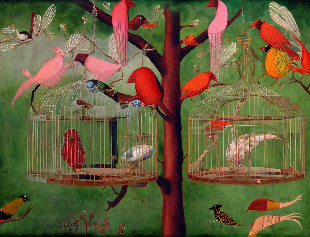 Vibrant birdcages with colorful birds on green background