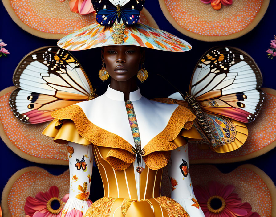 Dark-skinned model in yellow ruffled dress with butterfly motifs and accessories, posing against floral background