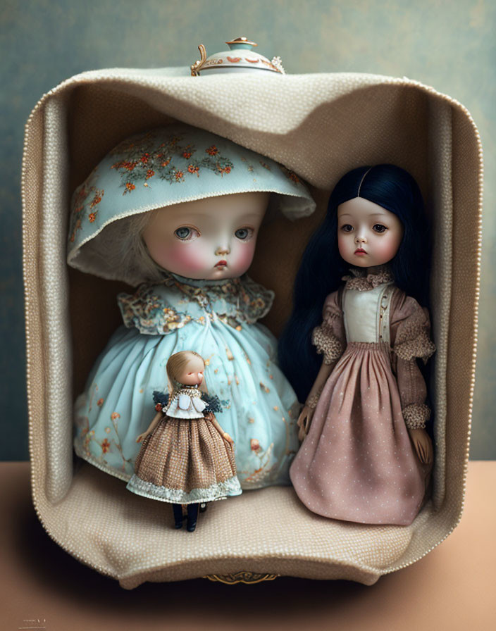 Vintage-Style Porcelain Dolls in Intricate Dresses Displayed in Box